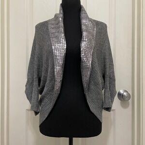 Vintage Cache Draped Open Front Cardigan Sweater Gray Wool Blend Sequin Trim S